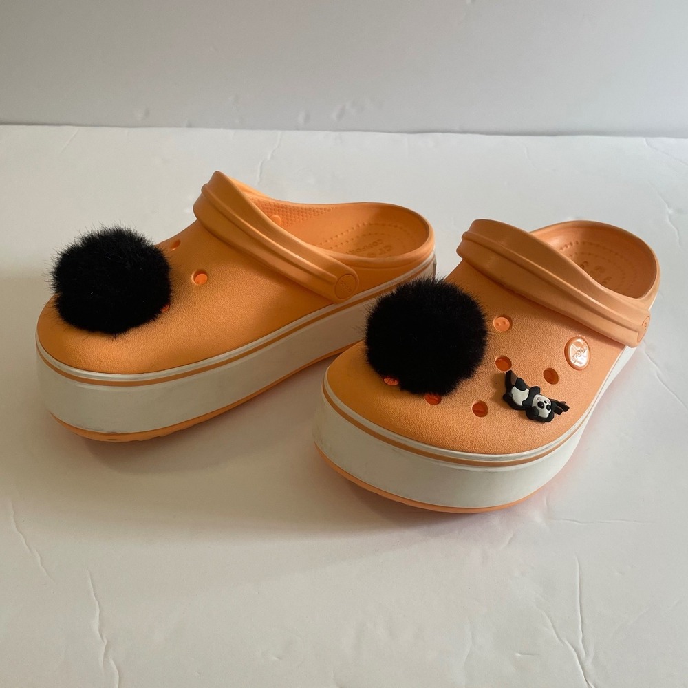 Crocs Kids Classic Platform Clog Orange Panda Jibbitz Fun PomPom Shoes